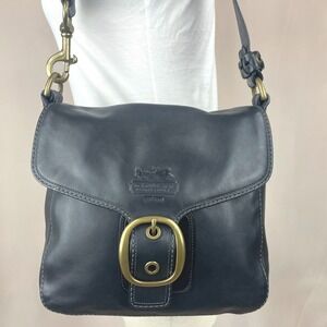 Vintage COACH Bleecker Tattersall Flap Buckle Black Leather Shoulder Bag 11419